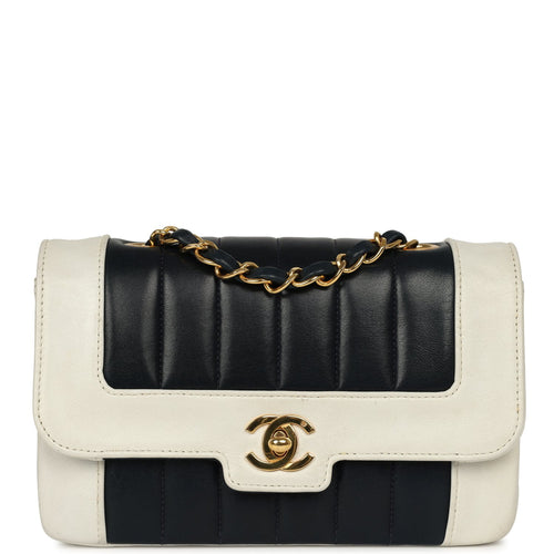 Vintage Chanel Mini Mademoiselle Flap White, Navy Lambskin Gold Hardware