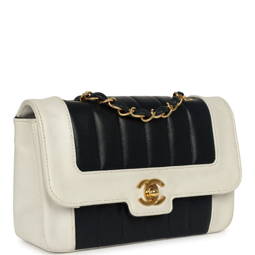 Vintage Chanel Mini Mademoiselle Flap White, Navy Lambskin Gold Hardware