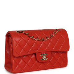 Vintage Chanel Small Classic Double Flap Bag Red Lambskin Gold Hardware