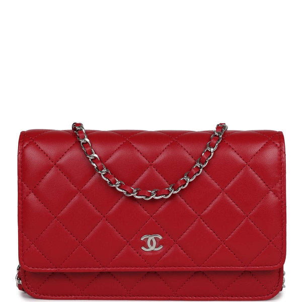 CHANEL Metallic Lambskin Quilted Wallet On Chain WOC Silver 125027