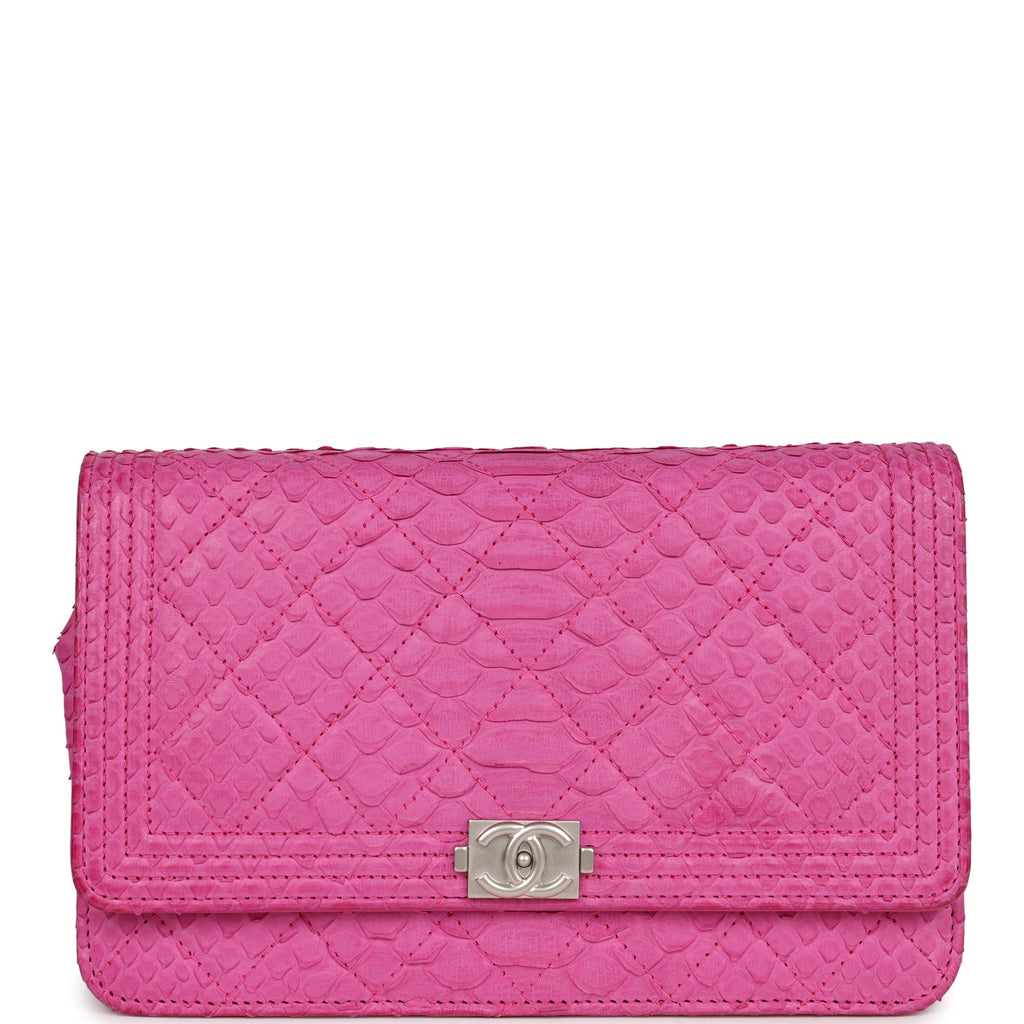 Pre-owned Chanel Boy Wallet On Chain WOC Hot Pink Python Brushed