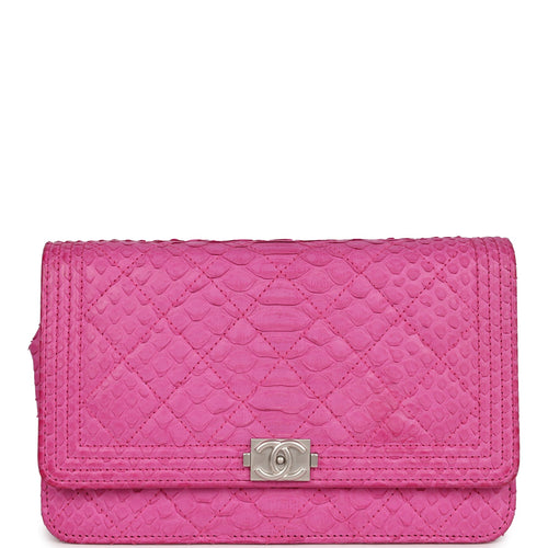 Pre-owned Chanel Boy Wallet On Chain WOC Hot Pink Python Brushed Silver Hardware