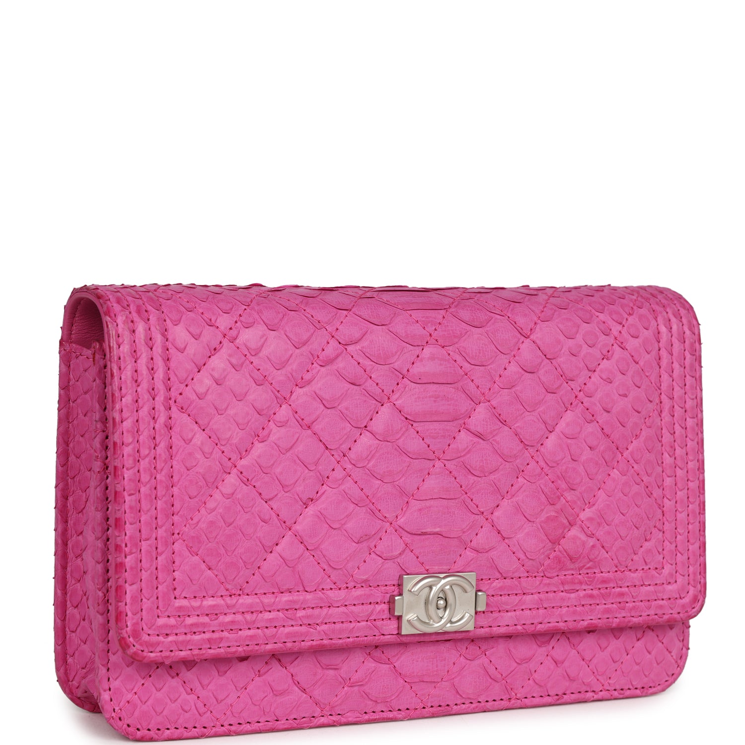 Pre-owned Chanel Boy Wallet On Chain WOC Hot Pink Python Brushed Silve