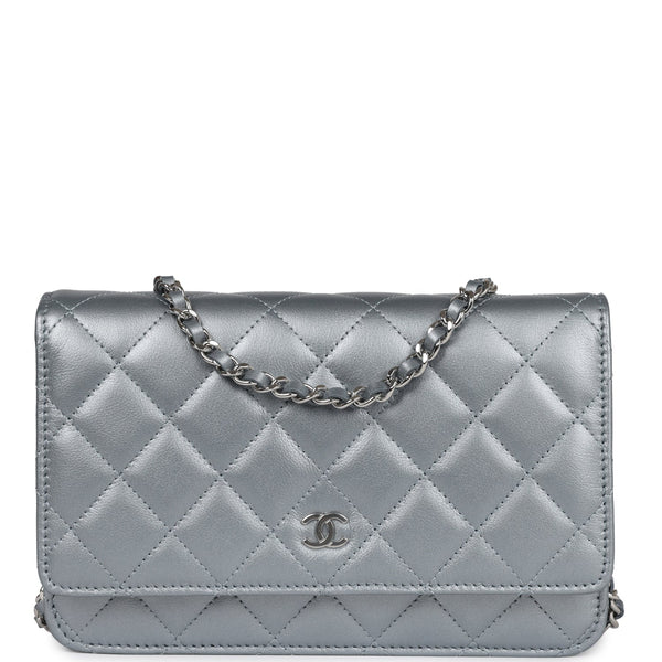Chanel WOC cross-body bag in Silver Lambskin with silver hardware