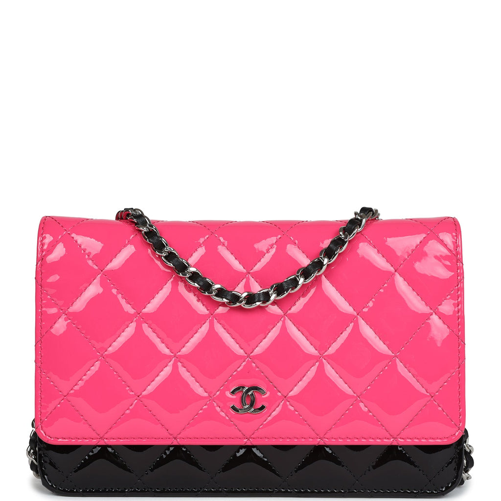 Pre-owned Chanel Classic Wallet On Chain WOC Pink & Black Patent Leather Silver Hardware