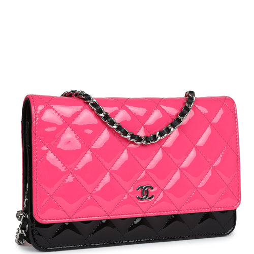 Pre-owned Chanel Classic Wallet On Chain WOC Pink & Black Patent Leather Silver Hardware