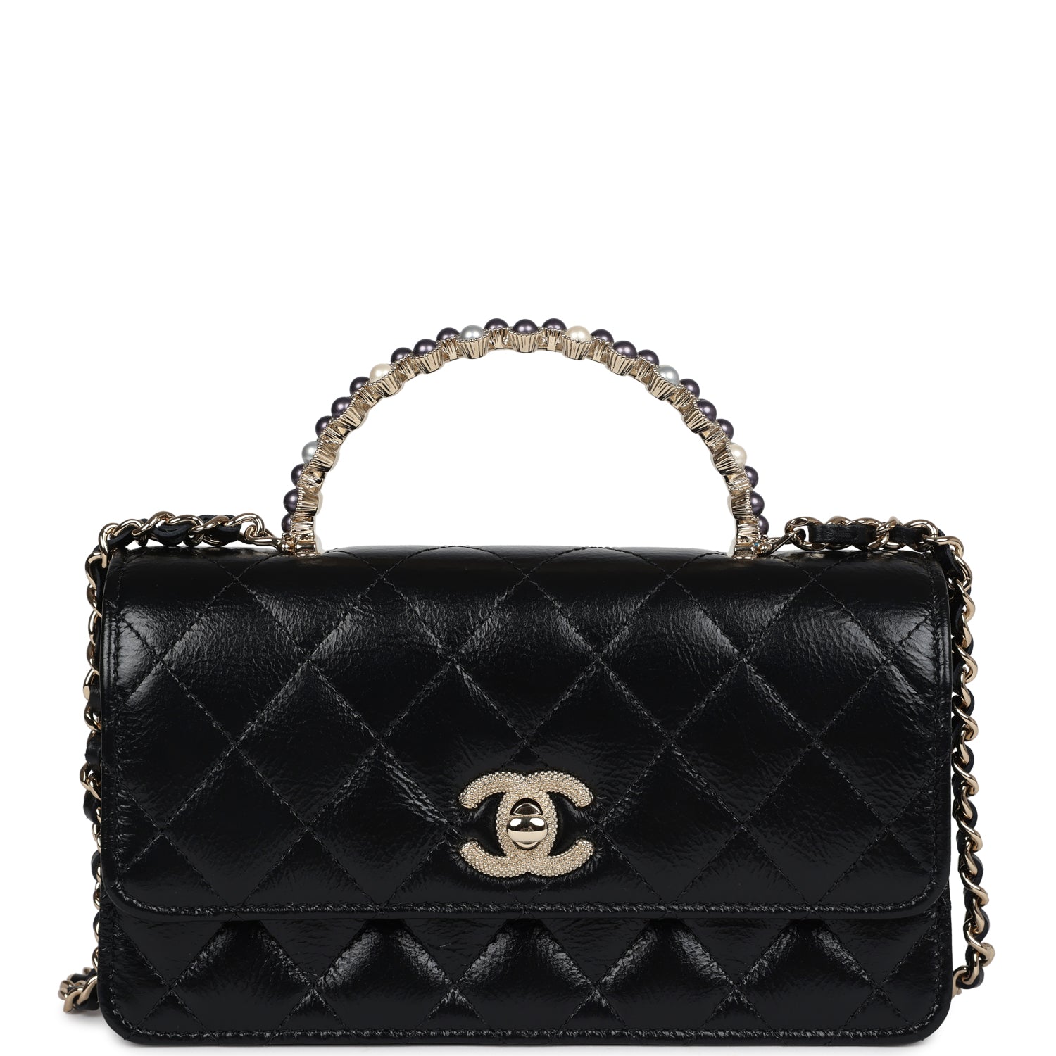 Chanel Pearl Top Handle Wallet on Chain WOC Black Shiny Aged Calfskin