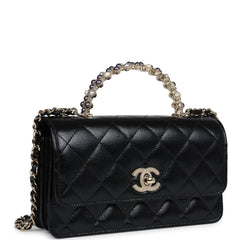 Chanel Pearl Top Handle Wallet on Chain WOC Black Shiny Aged Calfskin Light Gold Hardware