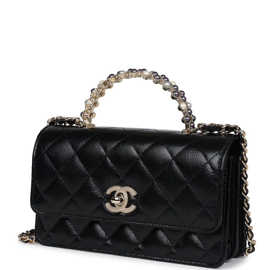 Handle Wallet Chanel Pearl Top Handle Wallet on Chain WOC Black Shiny Aged Calfskin
