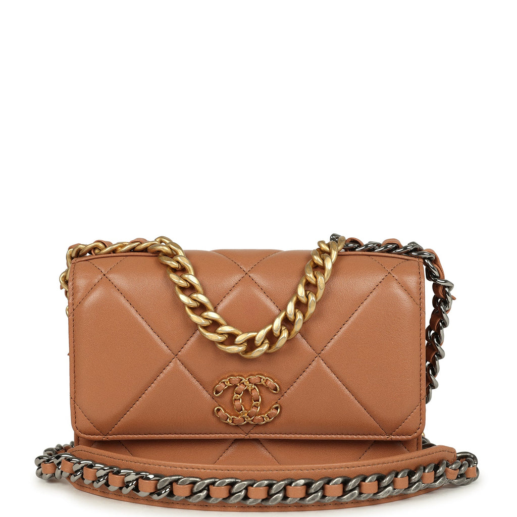 Chanel 19 Wallet On Chain WOC Brown Shiny Lambskin Mixed Metal Hardwar