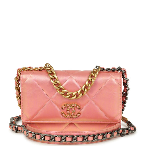 Chanel 19 Wallet On Chain WOC Pink Iridescent Shiny Lambskin Mixed Metal Hardware