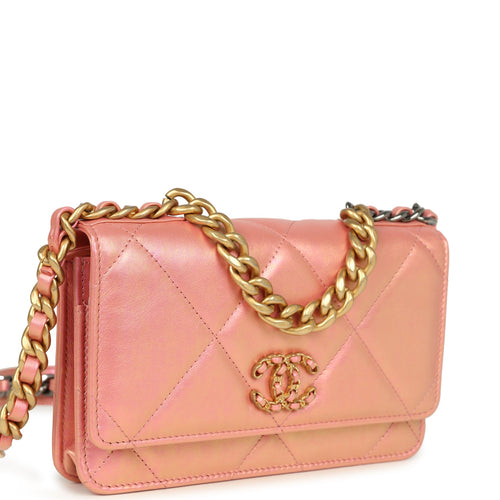 Chanel 19 Wallet On Chain WOC Pink Iridescent Shiny Lambskin Mixed Metal Hardware