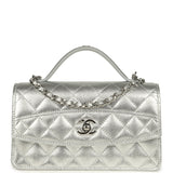 Chanel Top Handle Wallet On Chain WOC Metallic Silver Shiny Caviar Silver Hardware