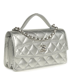 Chanel Trendy Top Handle Wallet On Chain WOC Metallic Silver Shiny Caviar Silver Hardware