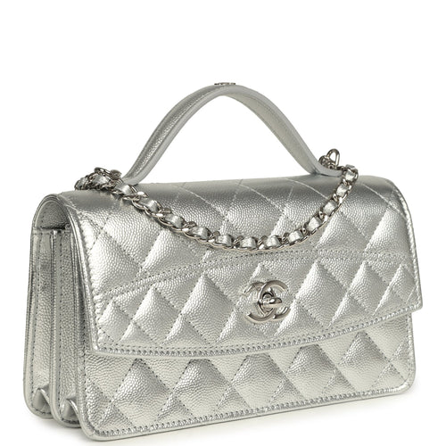 Chanel Top Handle Wallet On Chain WOC Metallic Silver Shiny Caviar Silver Hardware