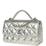 Chanel Top Handle Wallet On Chain WOC Metallic Silver Shiny Caviar Silver Hardware