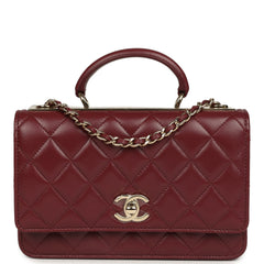 Chanel Trendy Top Handle Wallet On Chain Burgundy Lamsbkin Light Gold Hardware