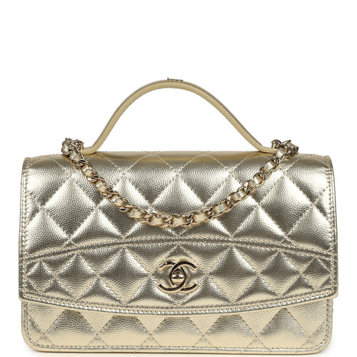 Chanel Trendy Top Handle Wallet On Chain WOC Metallic Gold Shiny Caviar Light Gold Hardware