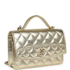 Chanel Trendy Top Handle Wallet On Chain WOC Metallic Gold Shiny Caviar Light Gold Hardware