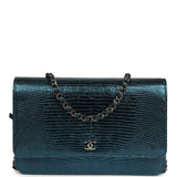 Pre-owned Chanel Wallet On Chain WOC Metallic Blue Lizard Ruthenium Hardware - Thumbnail View 1