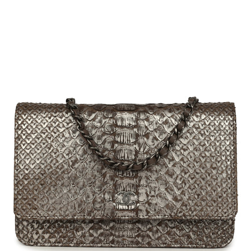 Chanel Wallet On Chain WOC Silver and Brown Aged Python Antique Silver Hardware