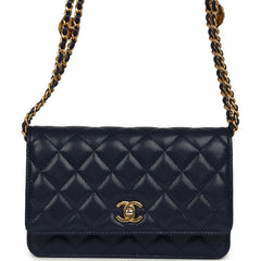 Chanel "Twist Your Buttons" Wallet On Chain WOC Navy Blue Shiny Caviar Antique Gold Hardware