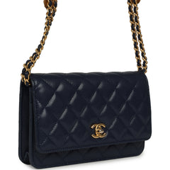 Chanel "Twist Your Buttons" Wallet On Chain WOC Navy Blue Shiny Caviar Antique Gold Hardware