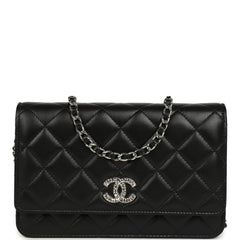 Chanel Wallet On Chain WOC Black Lamsbkin Silver Hardware