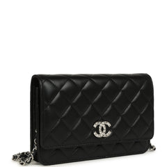 Chanel Wallet On Chain WOC Black Lamsbkin Silver Hardware