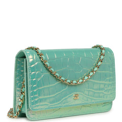 Chanel Wallet on Chain WOC Turquoise Iridescent Croc Embossed Calfskin Gold Hardware
