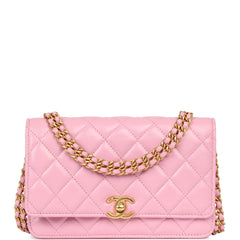 Pre-owned Chanel Classic Wallet On Chain WOC Pink Lambskin Brushed Gold Hardware