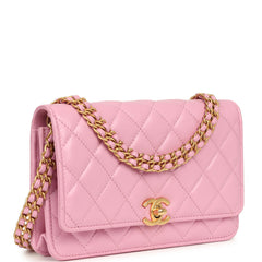 Pre-owned Chanel Classic Wallet On Chain WOC Pink Lambskin Brushed Gold Hardware