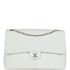 Chanel XXL Classic Single Flap Bag White Shiny Caviar Light Gold Hardware