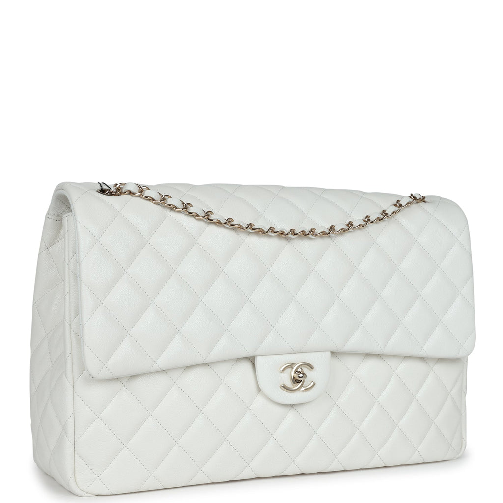 Chanel XXL Flap Bag White Shiny Caviar Light Gold Hardware