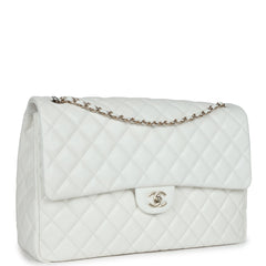 Chanel XXL Classic Single Flap Bag White Shiny Caviar Light Gold Hardware