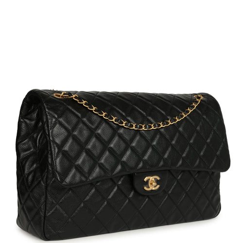 Chanel XXL Classic Single Flap Bag Black Shiny Aged Calfskin Brushed Gold Hardware