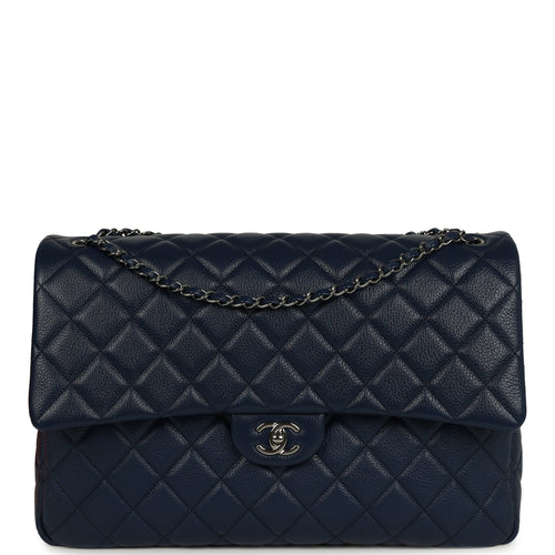 Chanel XXL Classic Single Flap Bag Navy Blue Shiny Aged Calfskin Ruthenium Hardware