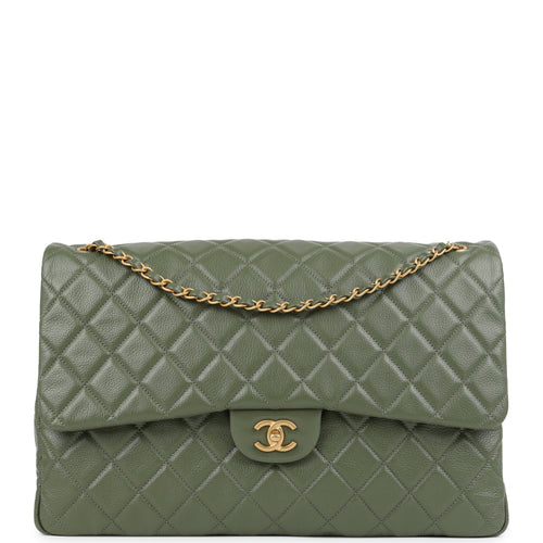 Chanel XXL Classic Single Flap Bag Khaki Shiny Aged Calfskin Brushed Gold Hardware