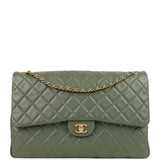Chanel XXL Classic Single Flap Bag Khaki Shiny Aged Calfskin Brushed Gold Hardware