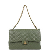 Chanel XXL Classic Single Flap Bag Khaki Shiny Aged Calfskin Brushed Gold Hardware