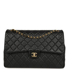 Chanel XXL Classic Single Travel Flap Bag Black Shiny Aged Calfskin Brushed Gold Hardware