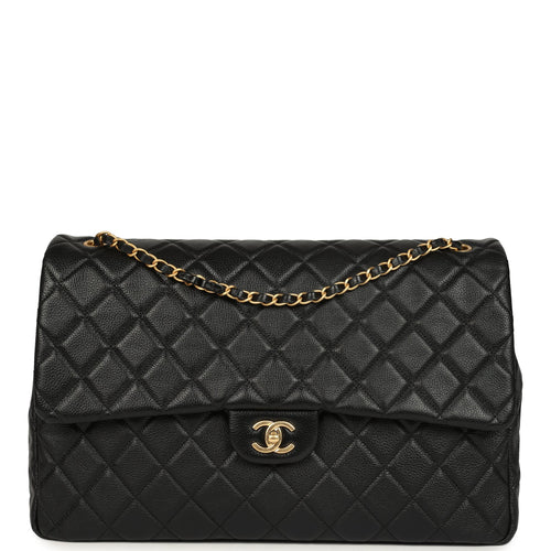 Chanel XXL Classic Single Travel Flap Bag Black Shiny Aged Calfskin Brushed Gold Hardware