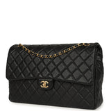 Chanel XXL Classic Single Travel Flap Bag Black Shiny Aged Calfskin Brushed Gold Hardware