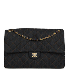 Chanel XXL Classic Single Travel Flap Bag Dark Blue Denim Brushed Gold Hardware