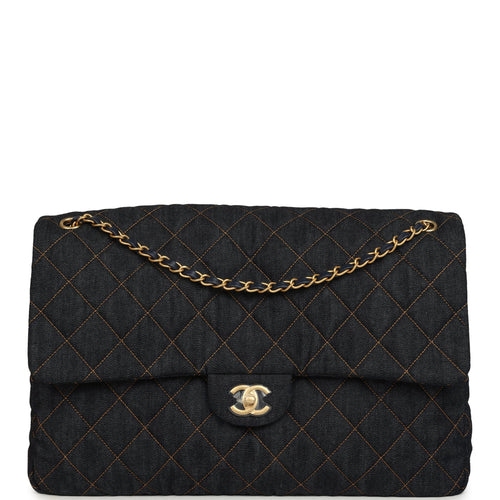 Chanel XXL Classic Single Travel Flap Bag Dark Blue Denim Brushed Gold Hardware
