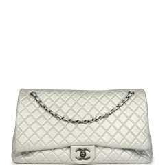 Pre-owned Chanel XXL Classic Single Flap Bag Silver Metallic Calfskin Aged Ruthenium Hardware
