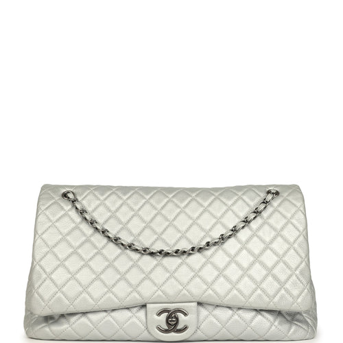 Pre-owned Chanel XXL Classic Single Flap Bag Silver Metallic Calfskin Aged Ruthenium Hardware
