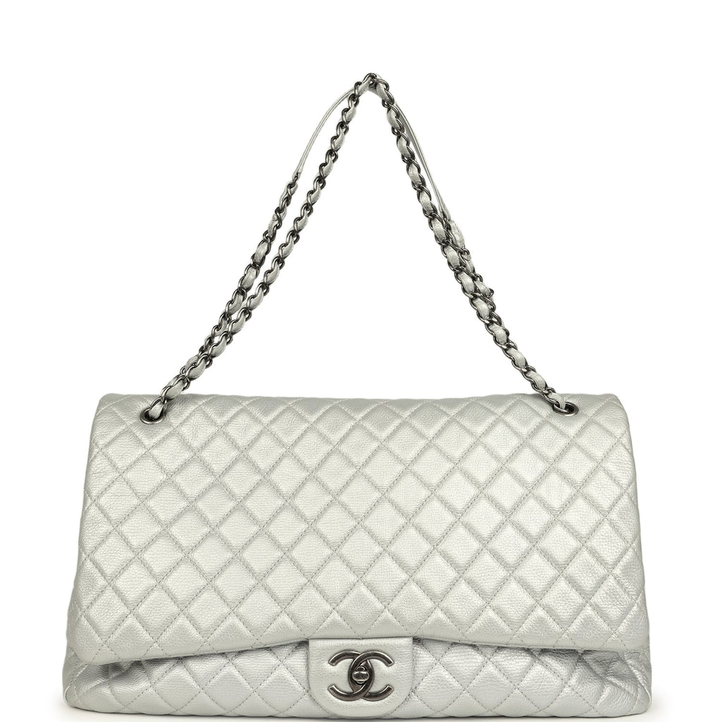 Pre-owned Chanel XXL Classic Single Flap Bag Silver Metallic Calfskin