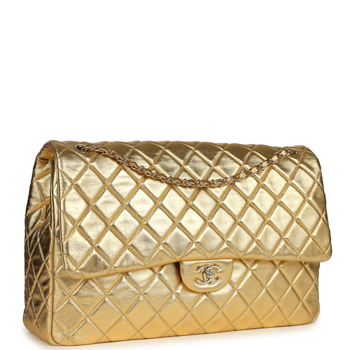 Chanel XXL Classic Single Flap Bag Gold Metallic Lambskin Light Gold Hardware
