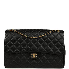 Chanel XXL Classic Single Travel Flap Bag Black Shiny Aged Calfskin Brushed Gold Hardware